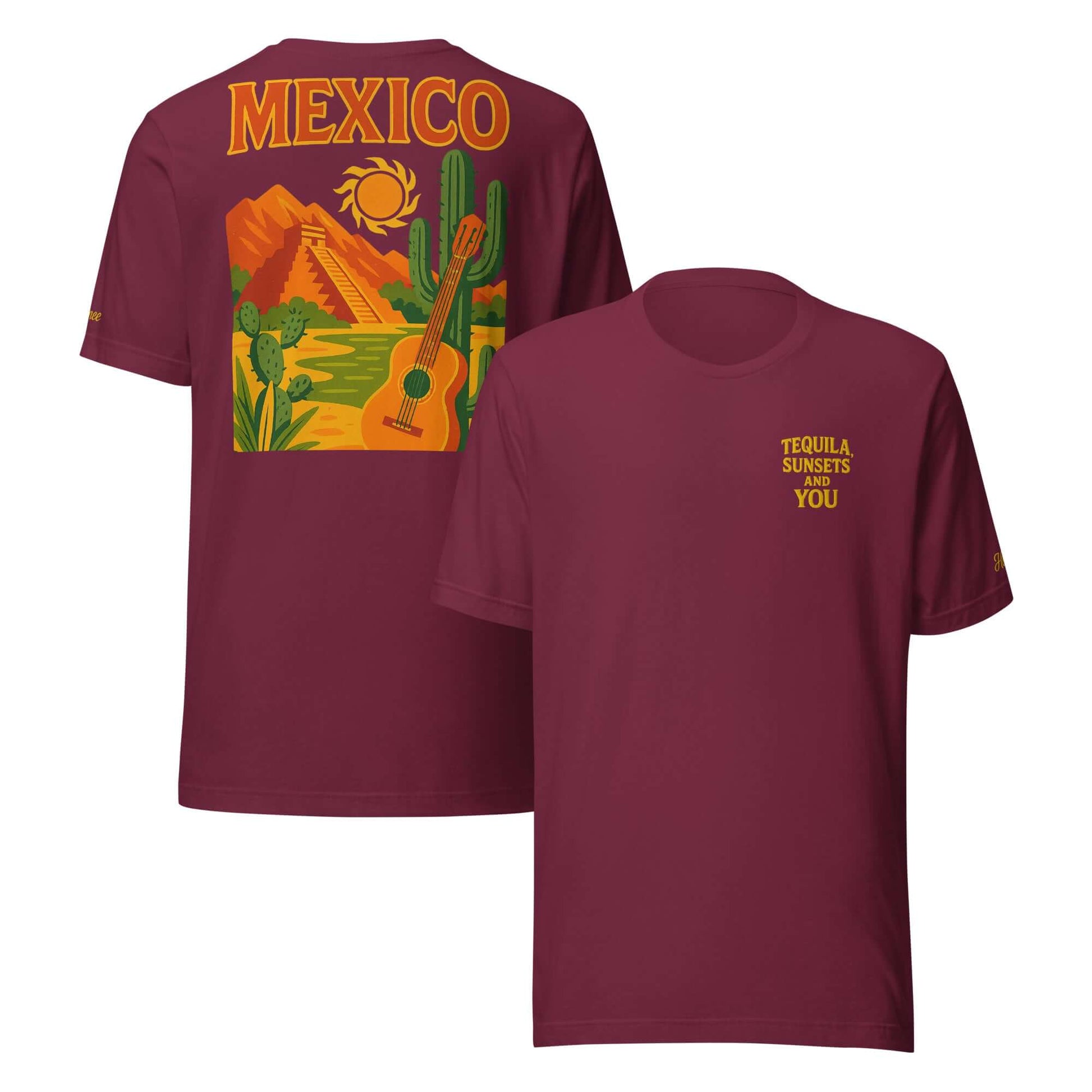 T-shirt da uomo Messico con frase 'Tequila, Sunsets and You' e grafica esclusiva, ideale per vacanze e coppie.
