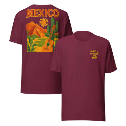 T-shirt da uomo Messico con frase 'Tequila, Sunsets and You' e grafica esclusiva, ideale per vacanze e coppie.