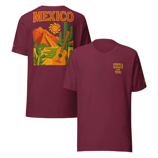 T-shirt da uomo Messico con frase 'Tequila, Sunsets and You' e grafica esclusiva, ideale per vacanze e coppie.