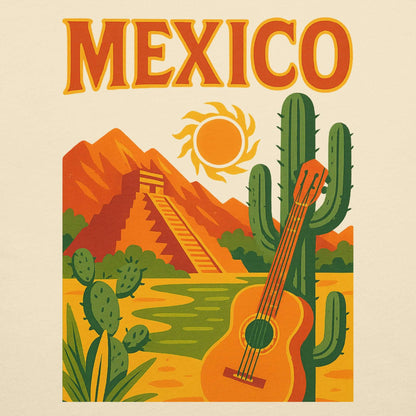 Grafica colorata con scritta 'MEXICO', chitarra e paesaggio messicano con cactus e piramide.