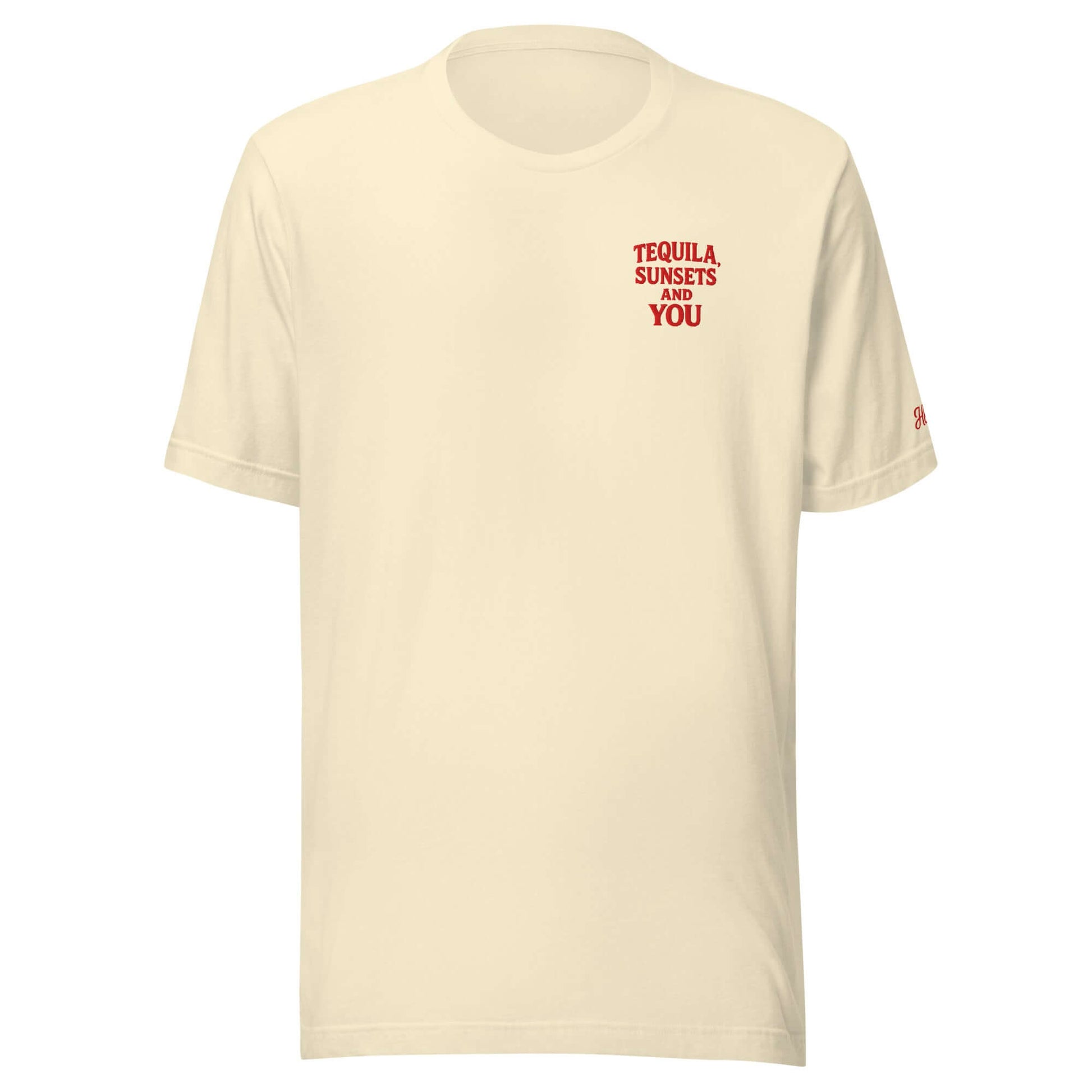 T-shirt vacanze da donna con frase ricamata 'Tequila, Sunsets and You', maglietta in cotone beige.