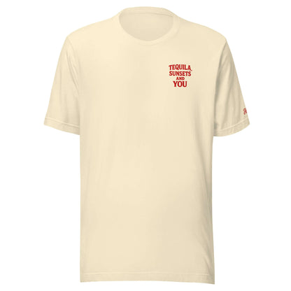 T-shirt vacanze da donna con frase ricamata 'Tequila, Sunsets and You', maglietta in cotone beige.