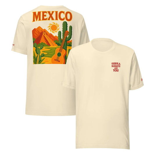 T-shirt vacanze da donna con frase "Tequila, Sunsets and You" e grafica Messico, perfetta per look estivi.