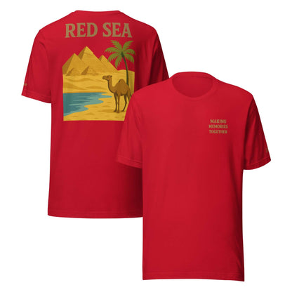 T-shirt vacanze rossa da donna con grafica Mar Rosso e frase ricamata 'Making Memories Together'.