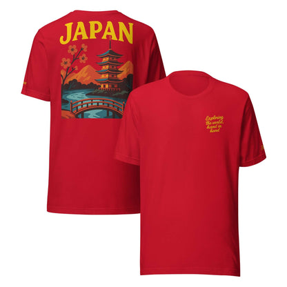T-shirt rossa da donna Giappone con frase 'Exploring the World, hands in hands' e grafica tradizionale.