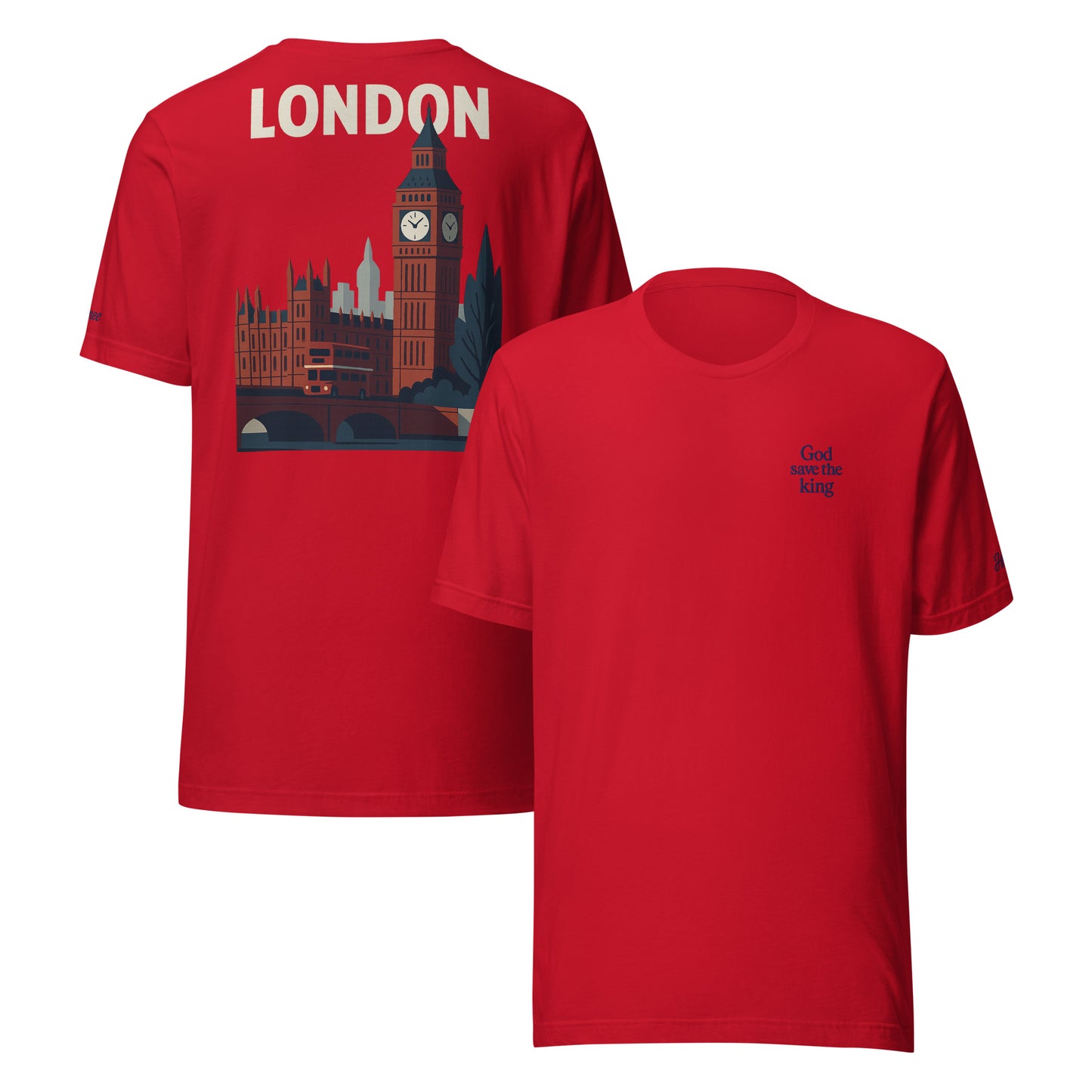 T-shirt rossa da uomo con dicitura 'God save the king' e design di Londra sul retro.