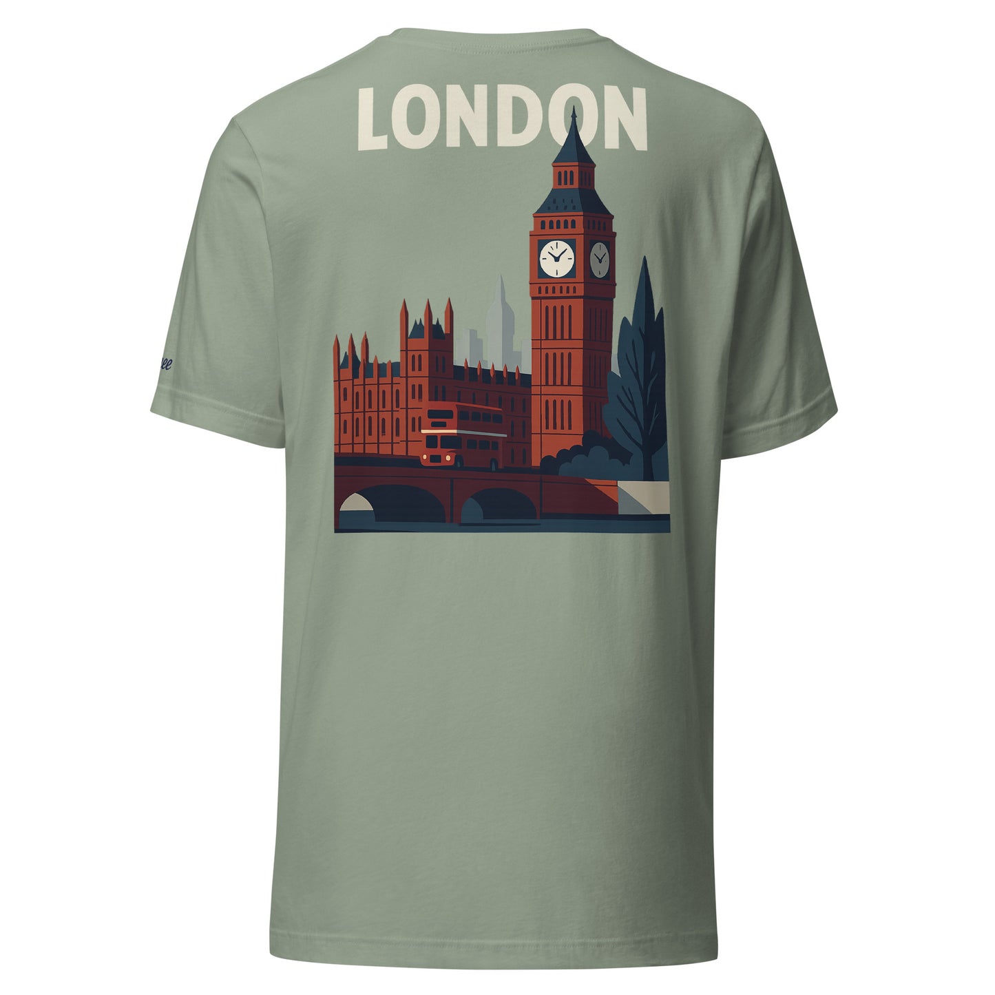 T-shirt da uomo con grafica di Londra e Big Ben, stilizzata in verde chiaro, perfetta per un look casual.