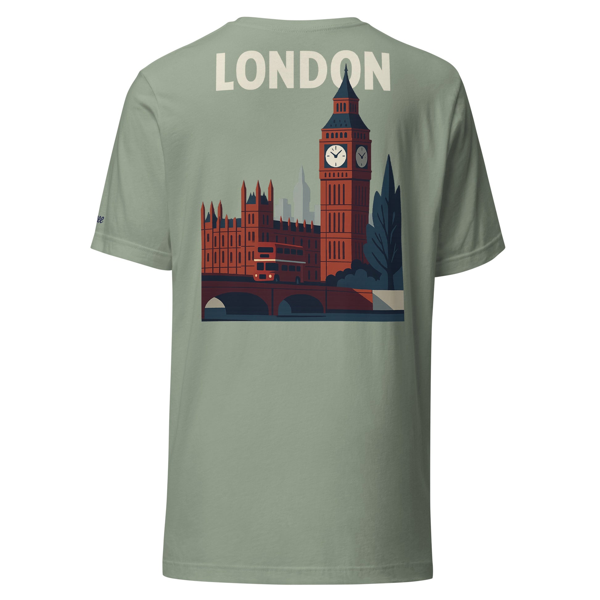 T-shirt da uomo con grafica di Londra e Big Ben, stilizzata in verde chiaro, perfetta per un look casual.