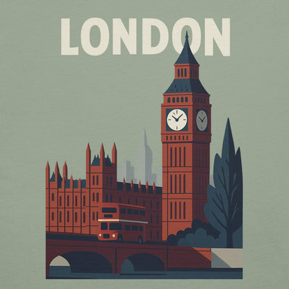 Illustrazione della città di Londra con Big Ben e un autobus rosso, stile retro.