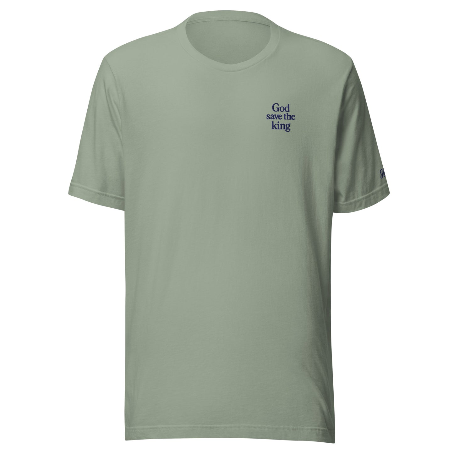 T-shirt da uomo in verde chiaro con ricamo "God save the king", stile punk e londinese.