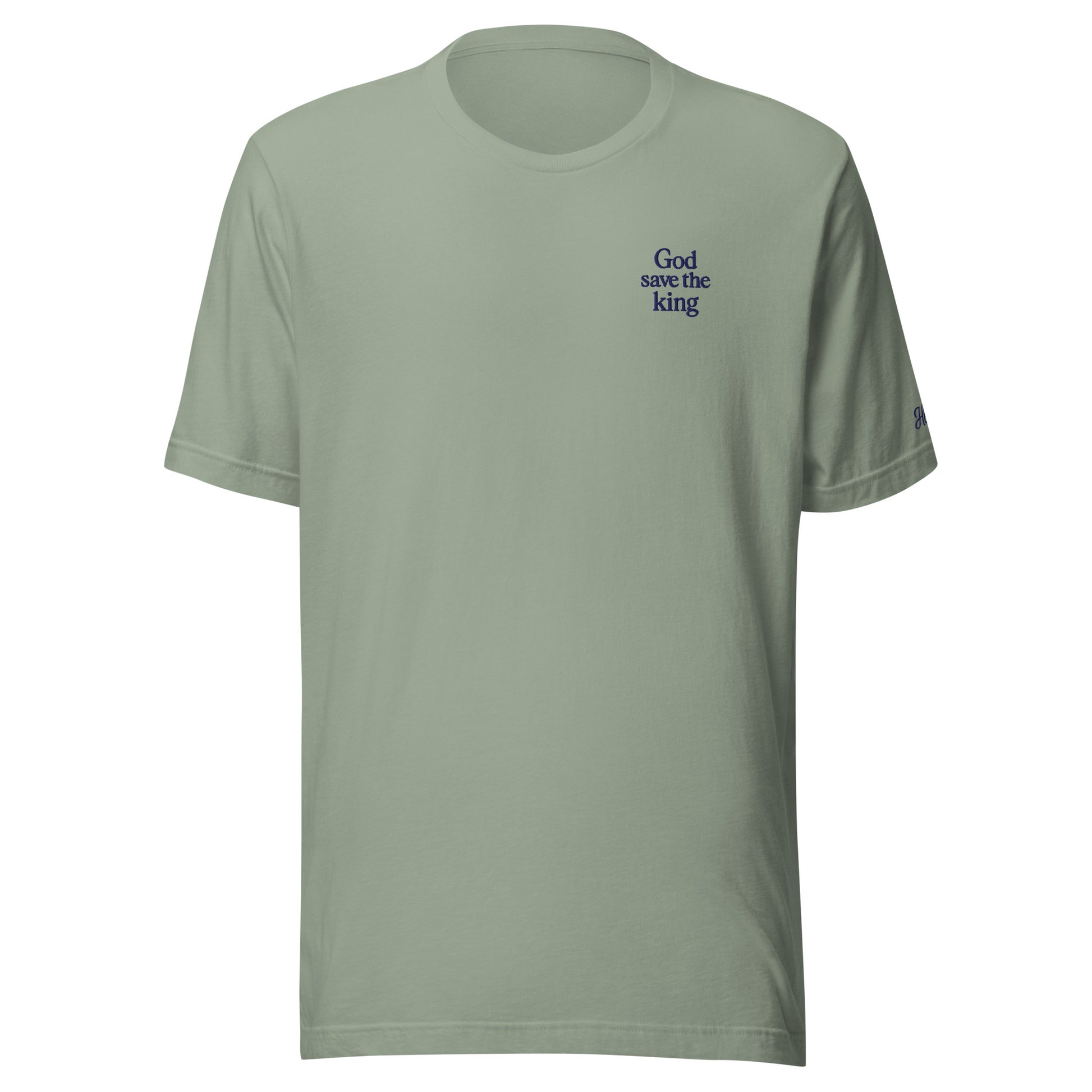 T-shirt da uomo in verde chiaro con ricamo "God save the king", stile punk e londinese.