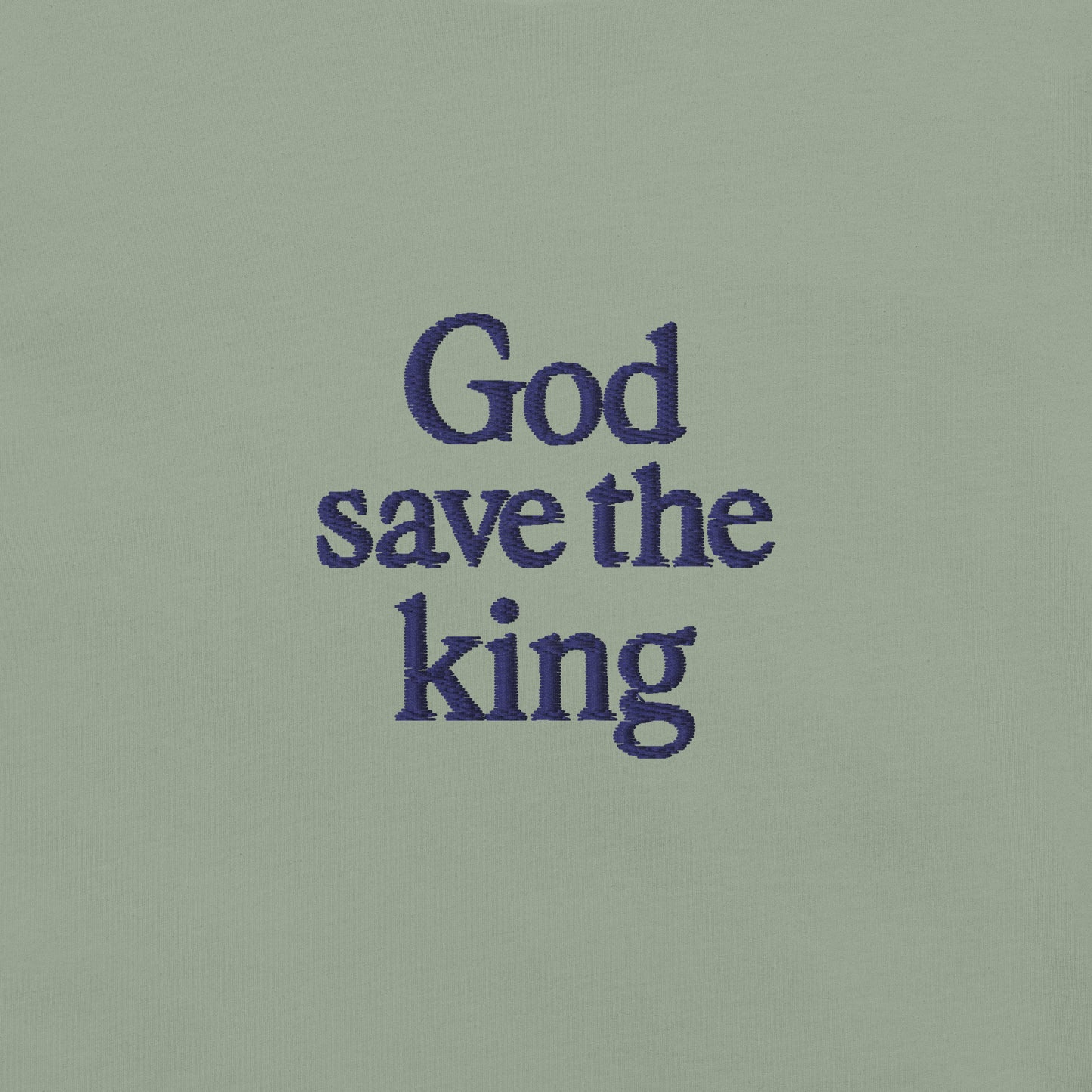 T-shirt da uomo con ricamo "God save the king" in stile punk, fondo verde chiaro.