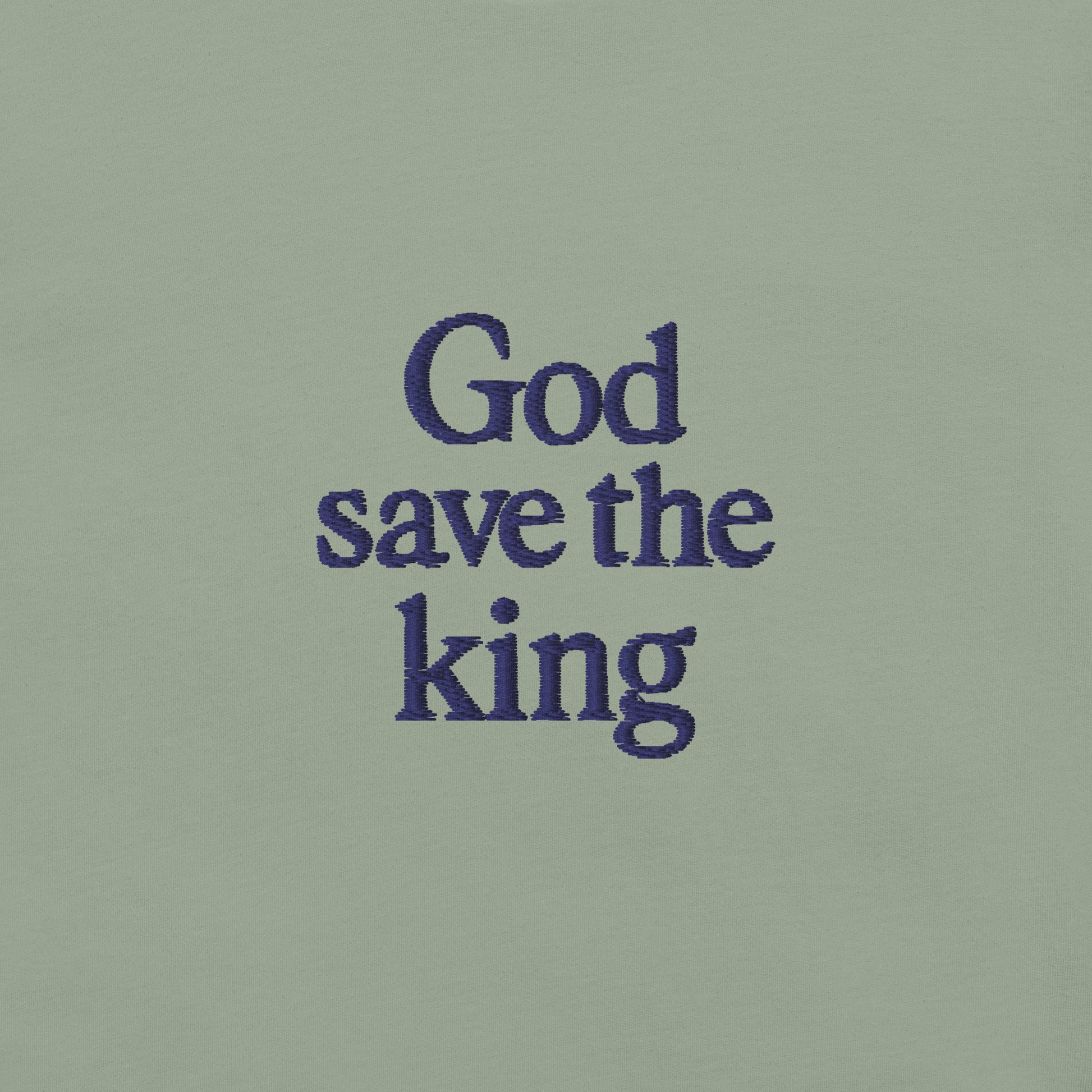 T-shirt da uomo con ricamo "God save the king" in stile punk, fondo verde chiaro.