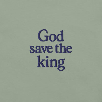 T-shirt da uomo con ricamo "God save the king" in stile punk, fondo verde chiaro.