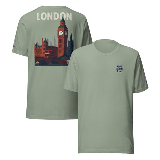 T-shirt da uomo con design Londra e ricamo "God save the king", stile punk e ironico, perfetta per ogni occasione.