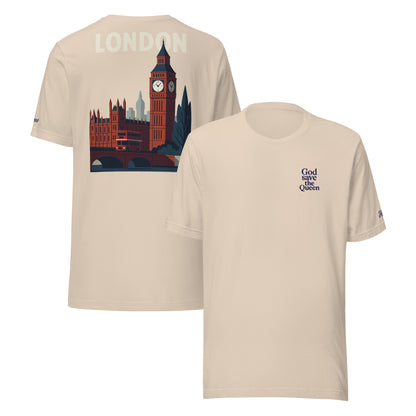 T-shirt vacanze London da donna con tema God save the queen e grafica di Big Ben.