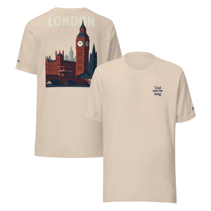 T-shirt da uomo con disegno di Londra e scritta "God save the king" ricamata, stile punk e ironico.
