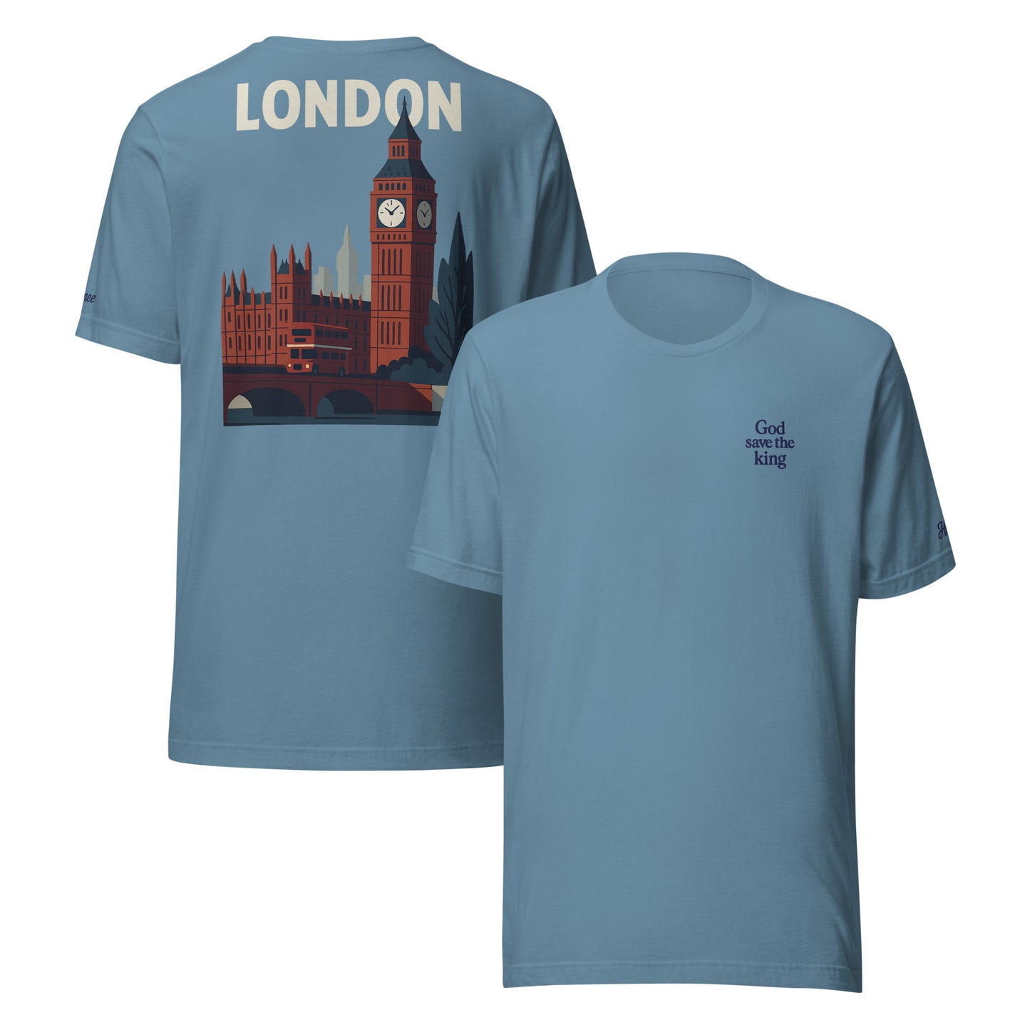 T-shirt da uomo blu con tema London, frontale con testo 'God save the king' e grafica di Big Ben sul retro.