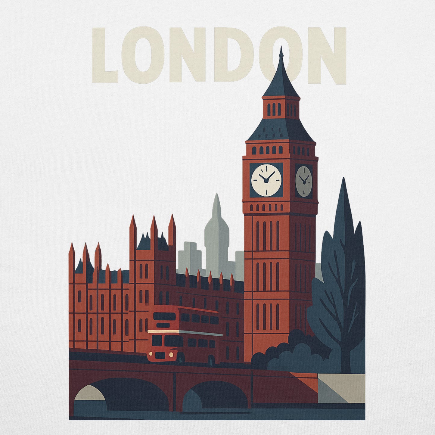 Illustrazione di Londra con Big Ben, palazzo del Parlamento e un autobus rosso, evocando lo stile urbano.