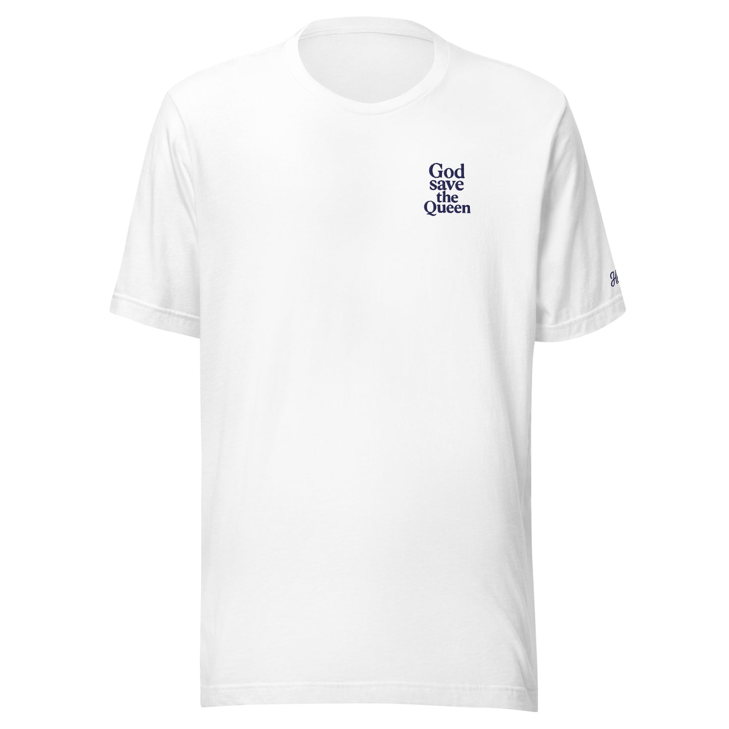 T-shirt bianca da donna con scritta ricamata "God save the queen", stile urbano e ironico per amanti di Londra.