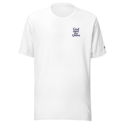 T-shirt bianca da donna con scritta ricamata "God save the queen", stile urbano e ironico per amanti di Londra.