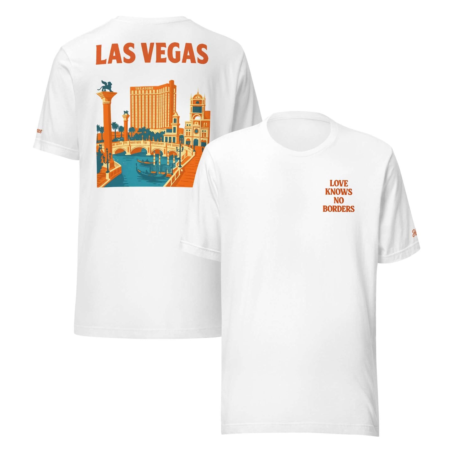 T-shirt da donna Las Vegas con ricamo 'Love Knows No Borders' e stampa sul retro ispirata alla città.