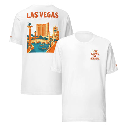 T-shirt da donna Las Vegas con ricamo 'Love Knows No Borders' e stampa sul retro ispirata alla città.