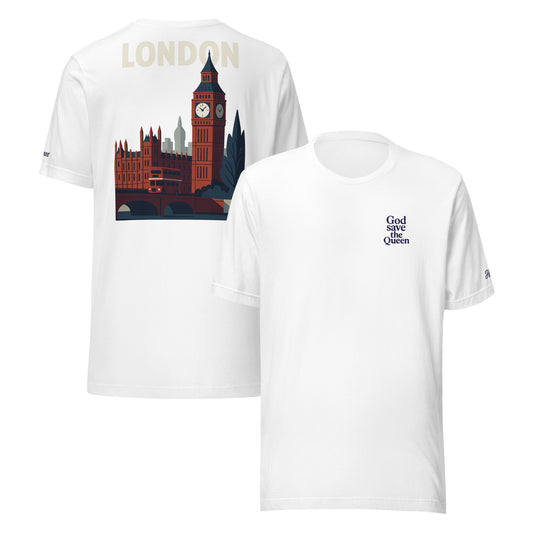T-shirt da donna con design London e frase 'God save the queen', ideale per look casual e viaggio.