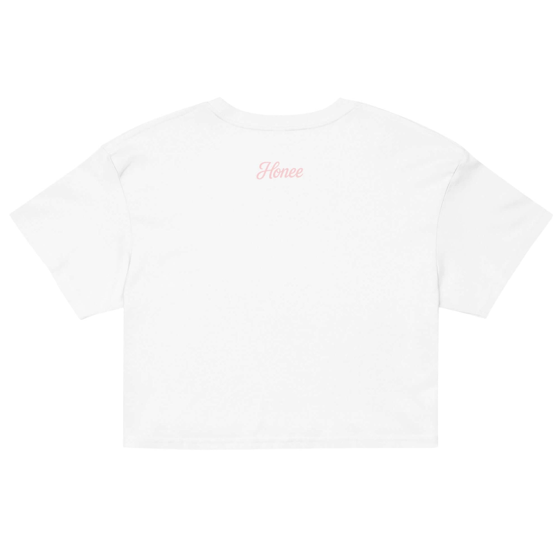 Retro del crop top Bride in bianco con logo Honee rosa, perfetto per addio al nubilato.