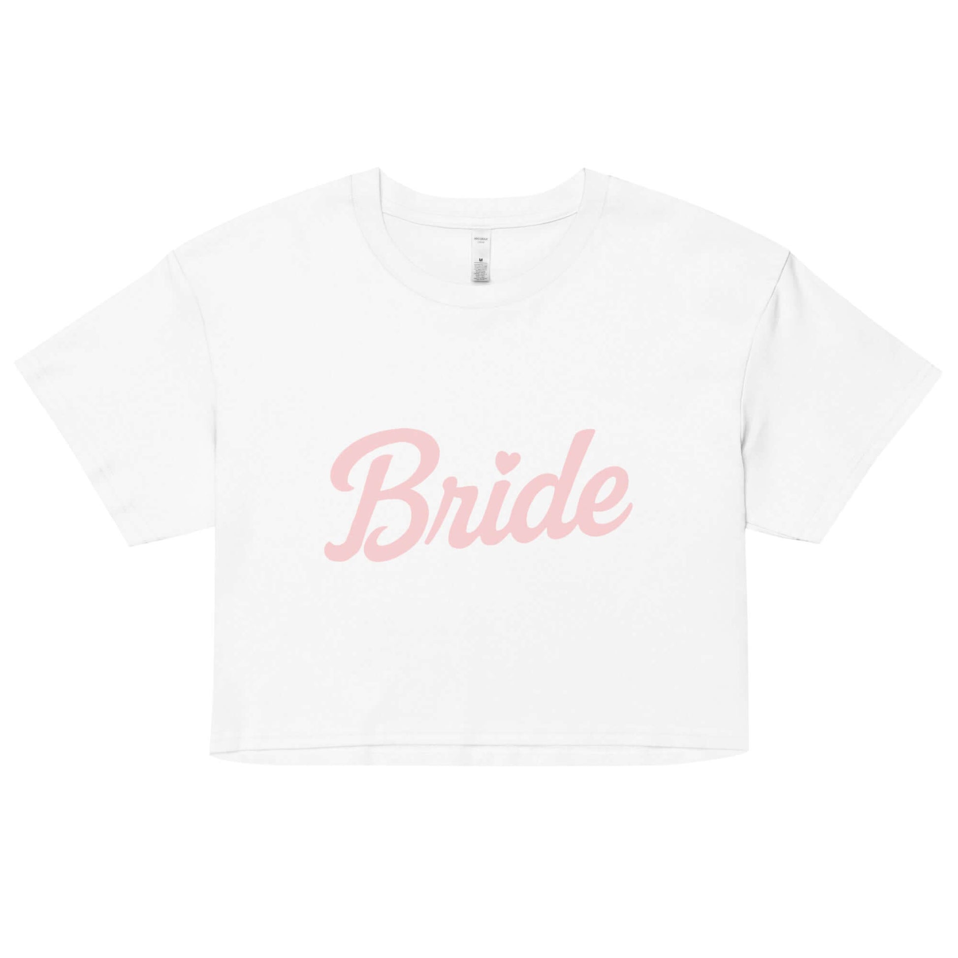 Crop top bianco con scritta rosa "Bride" ideale per spose, perfetto per addio al nubilato e momenti pre-matrimonio.