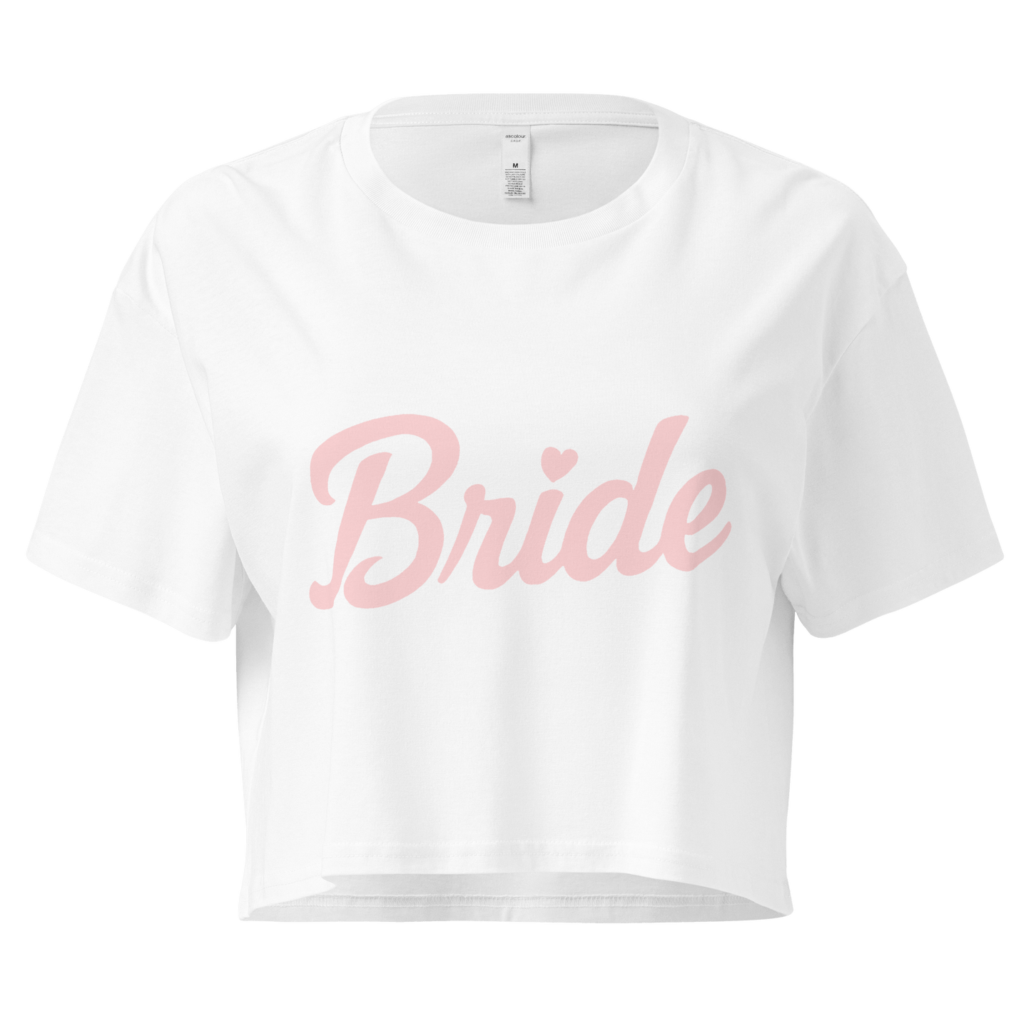 Crop top bianco con scritta rosa "Bride", ideale per l'addio al nubilato e eventi pre-matrimonio.