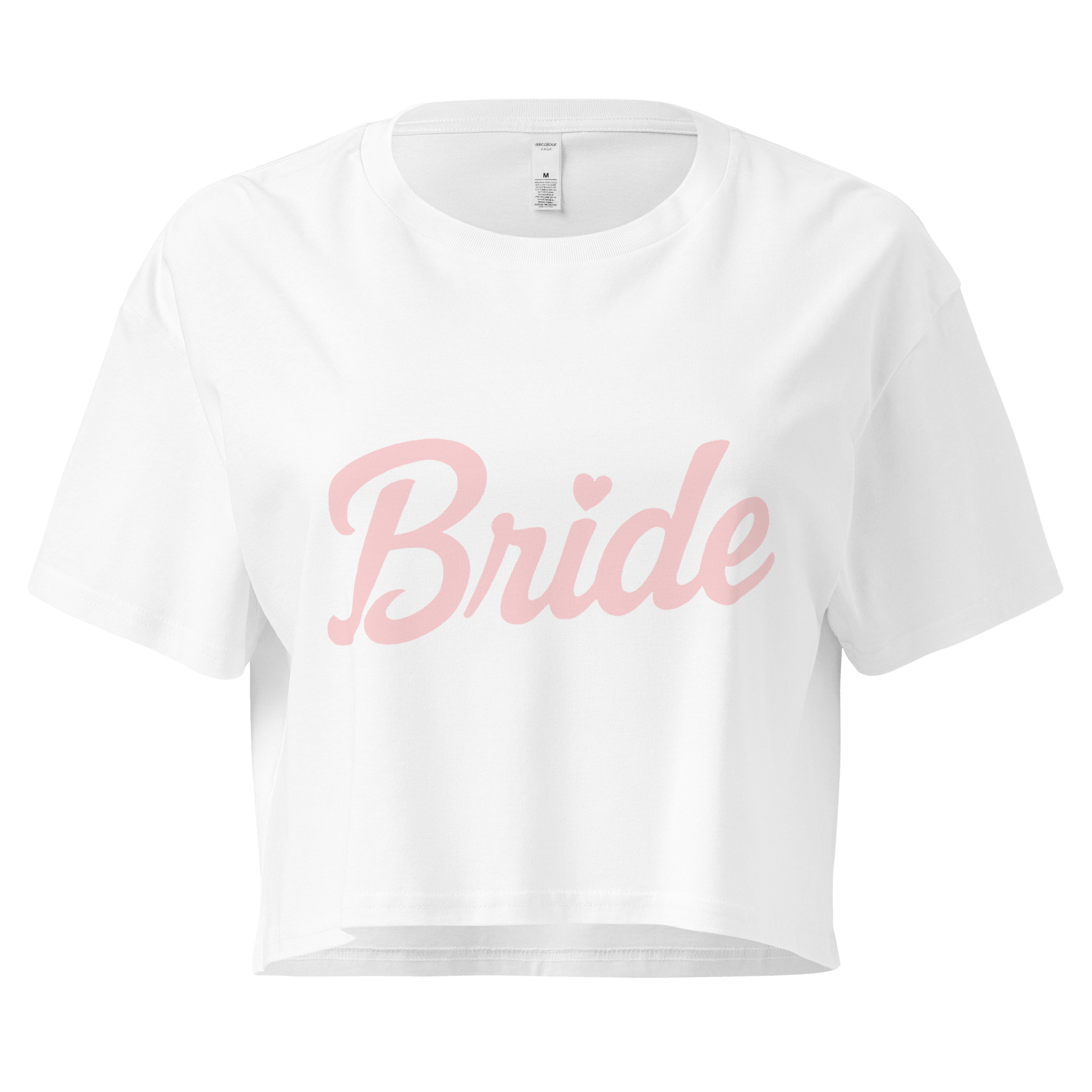 Crop top bianco con scritta rosa "Bride", ideale per l'addio al nubilato e eventi pre-matrimonio.