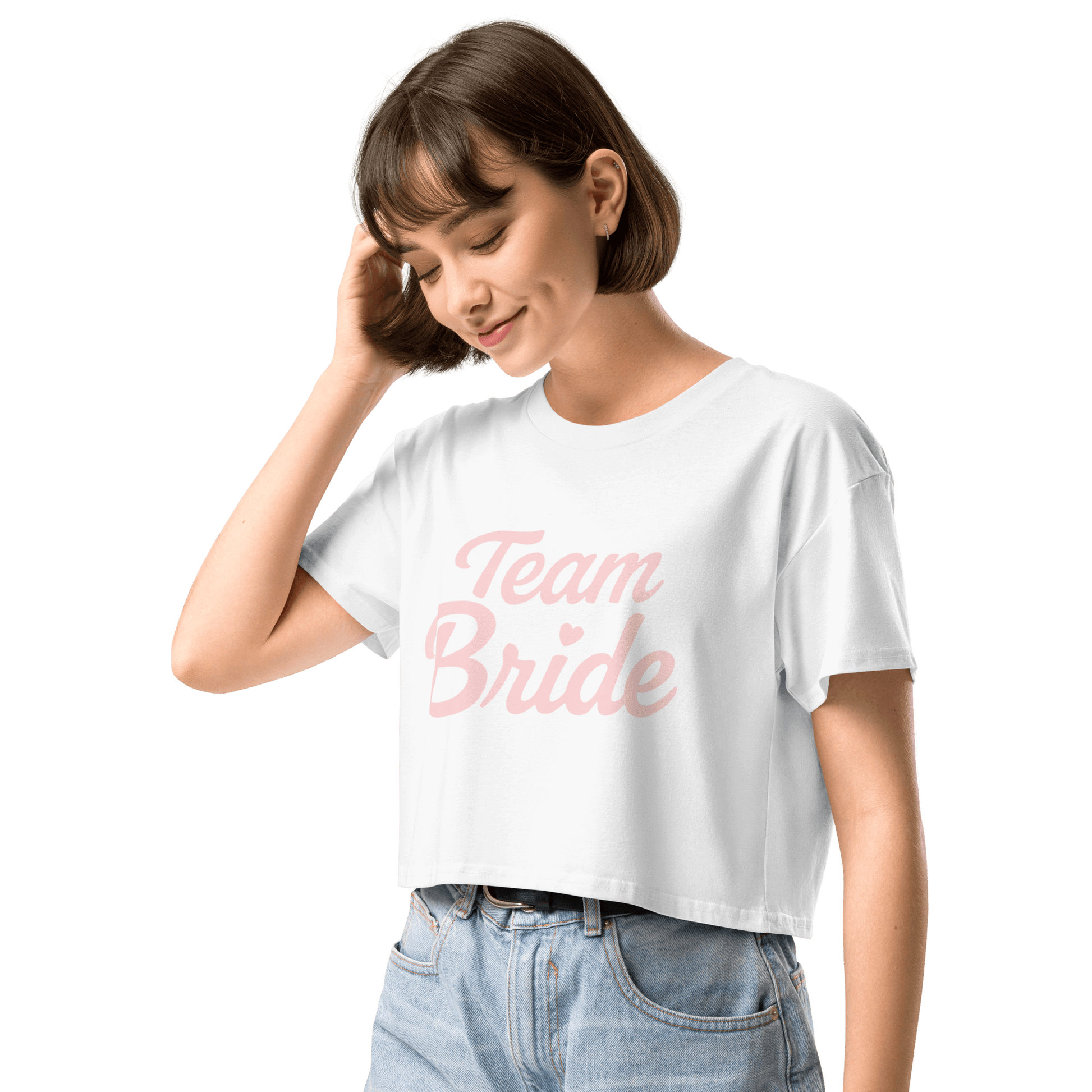 Crop top bianco 'Team Bride' per celebrazioni dell'addio al nubilato, ideale per le amiche della sposa.