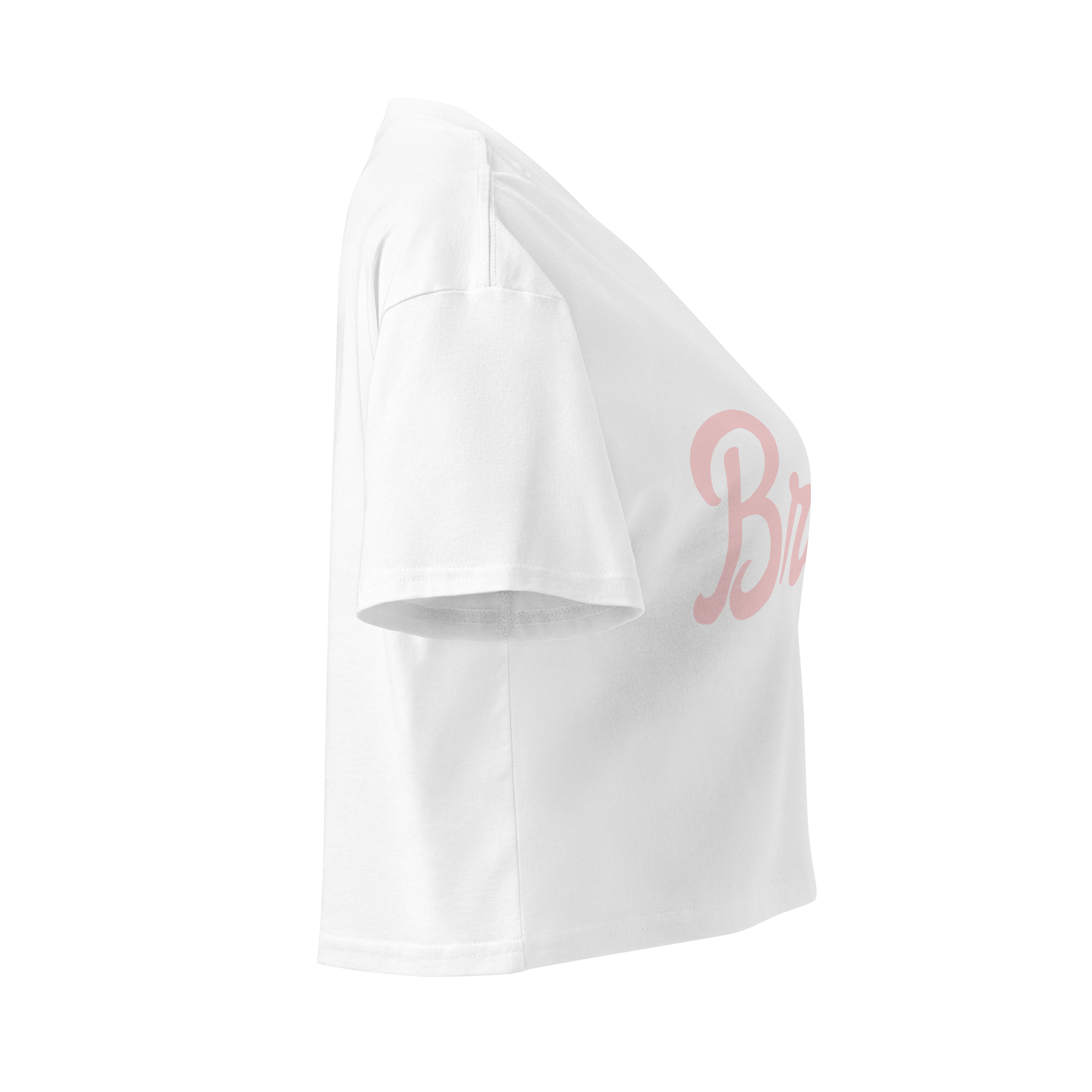 Crop top bianco con stampa rosa "Bride" per l'addio al nubilato e momenti pre-matrimonio.
